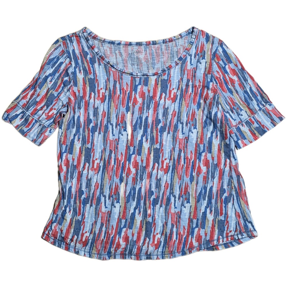Cato Abstract Print Short Sleeve Top Shirt Women's Size M Blue Pink Scoop Neck